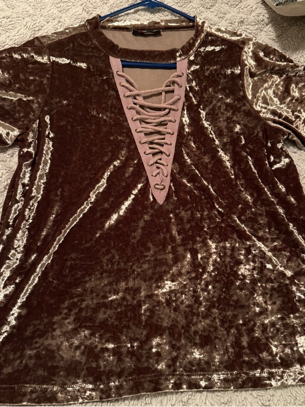 Crushed Velvet Lace-Up V-Neck Top in Brown with Blush Trim